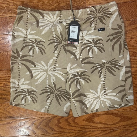NWT Ben Sherman O Men’s xl Cotton Shorts Tan/White Drawstring Elastic Pockets - Picture 9 of 11
